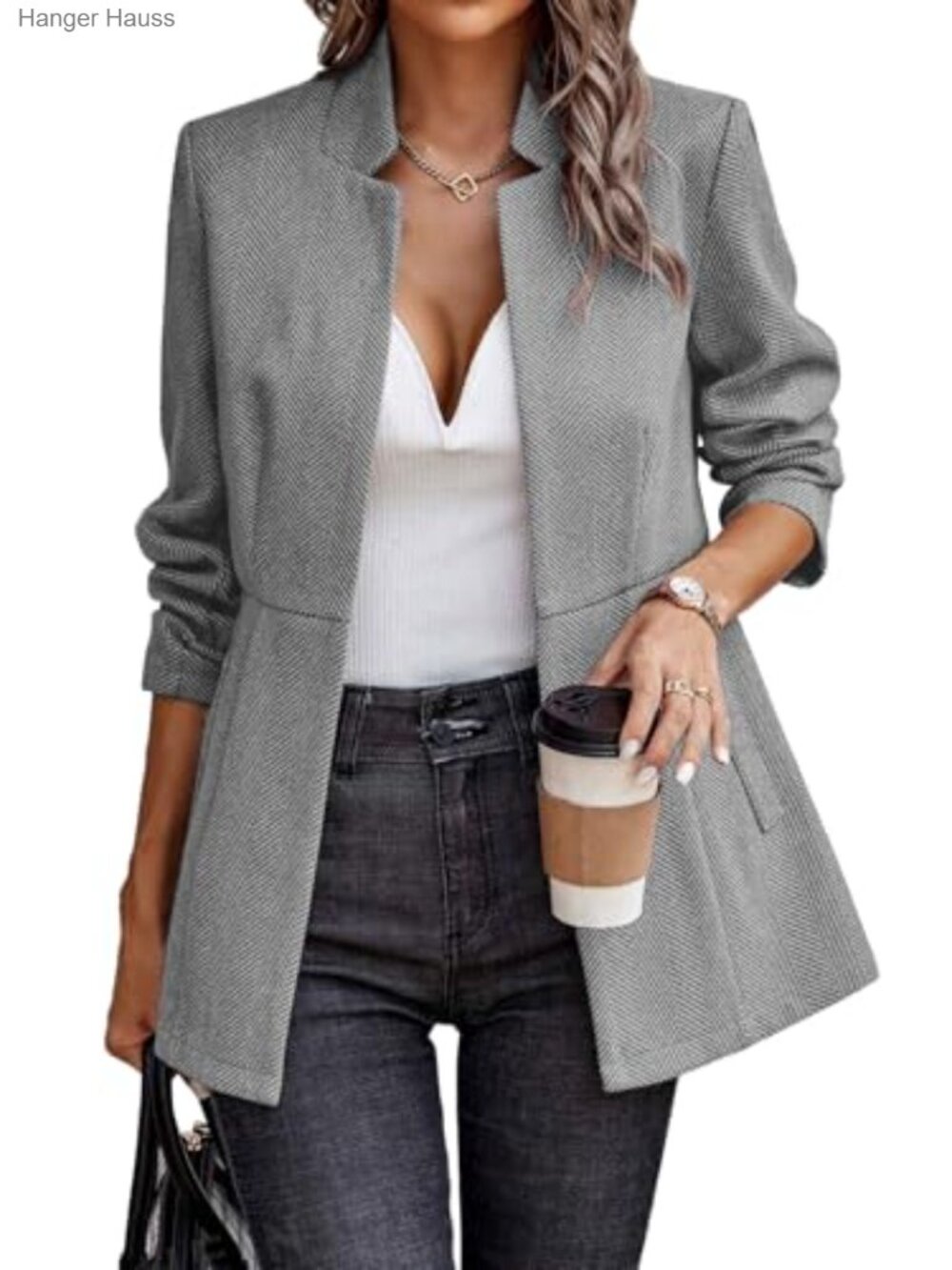 Women's Open Front Herringbone Blazer Long Sleeve Work Jacket Full Lining